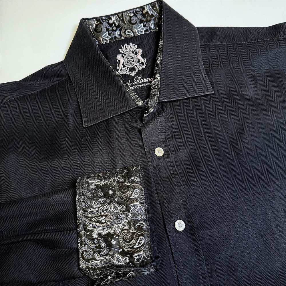 English Laundry Button Down Shirt Mens XXL Black Cotton Herringbone Paisley Cuff